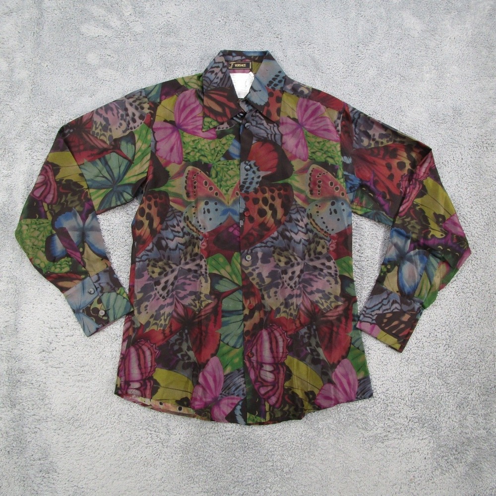 Versace Mens Silk Butterfly Print Button Down Shirt Italy Multi Size 48 Archive